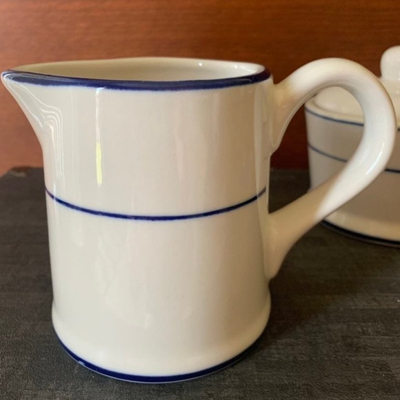 Lynns Stoneware Sugar & Creamer Set Glazed Blue Bands Simplistic Modern - Picture 4 of 11